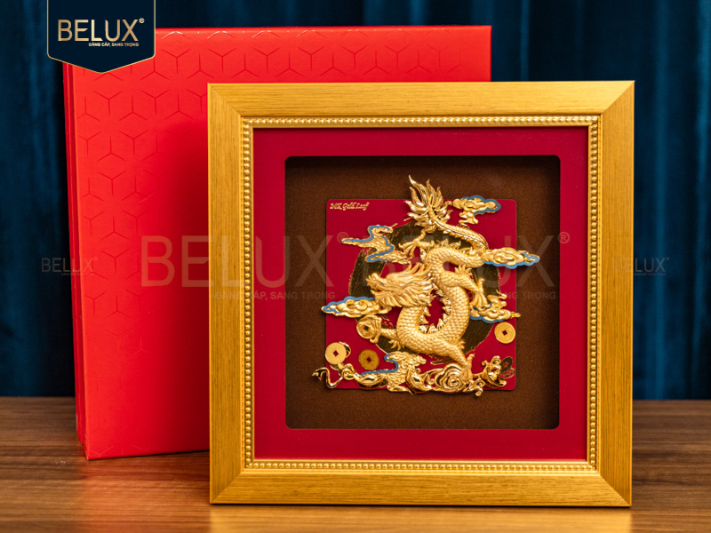 Tranh rồng kim long dát vàng 24K 24x24cm